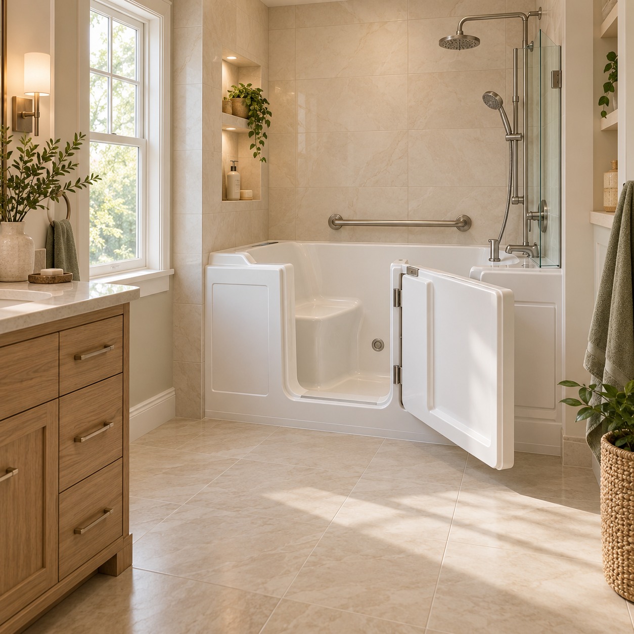 Concept rendering of a finished bathroom with a walk-in tub, built-in seat, grab bar and shower
