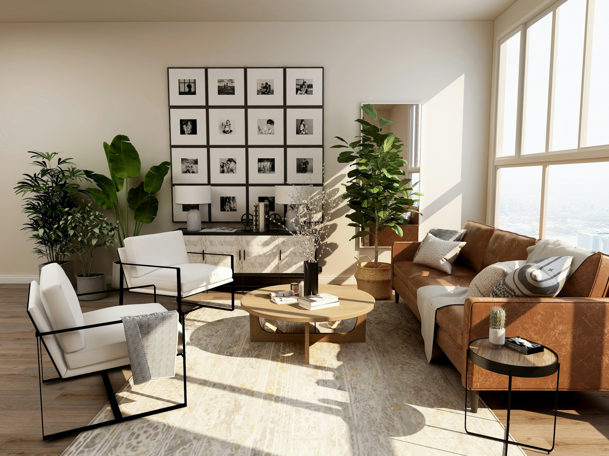 Warm, light-filled living room with natural wood, soft seating and garden views
